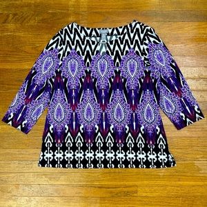 Chicos Travelers Sz 2 Large Purple Ikat Boho Print Side Slit Silver Key Hole Top